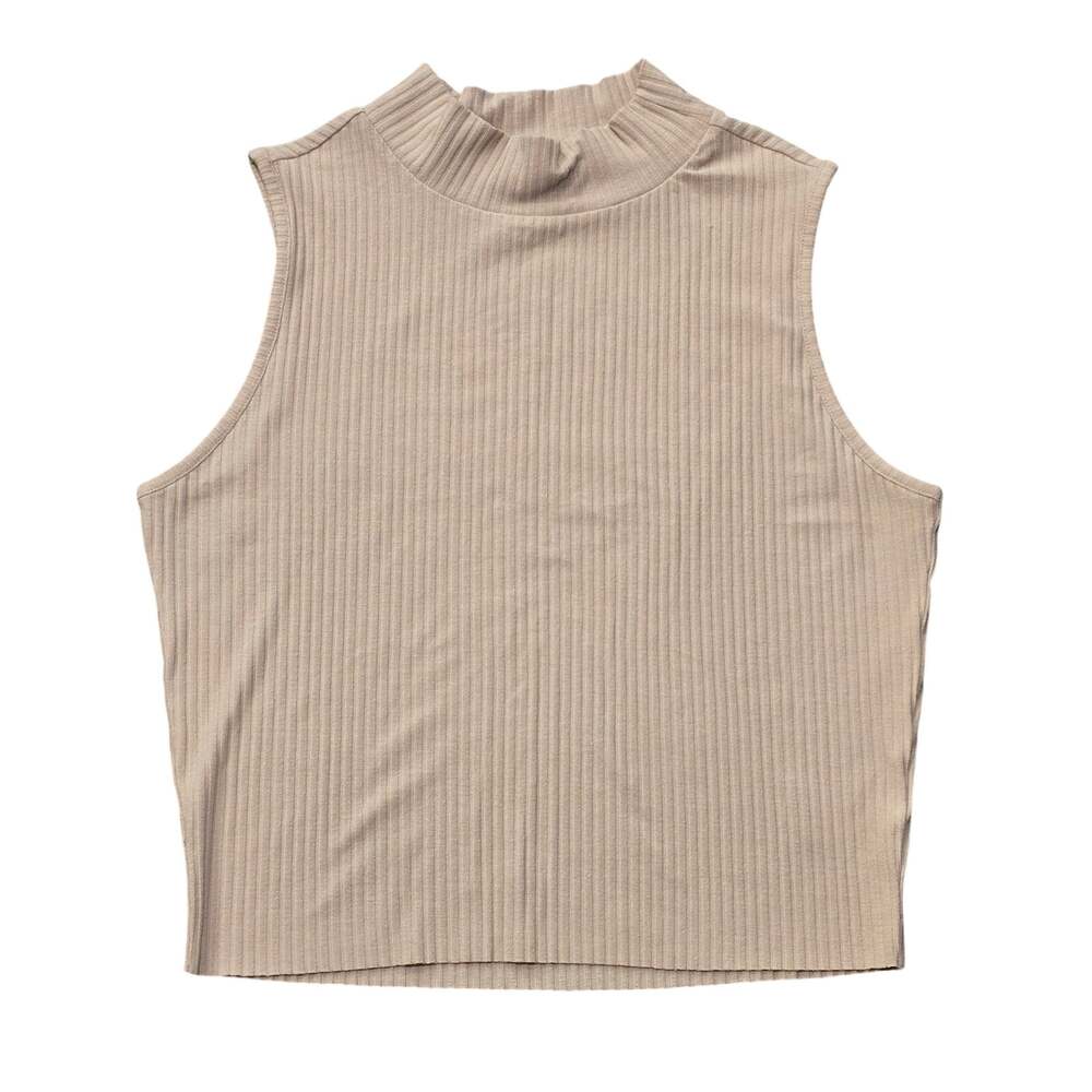 Gianni Bini Tan Sleeveless Ribbed Mock Neck Blouse Top